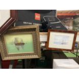 A GILT FRAMED PAINTING ON GLASS OF A SAILING BOAT 28CM X 24 CM PLUS A FRAMED PRINT OF YACHTS