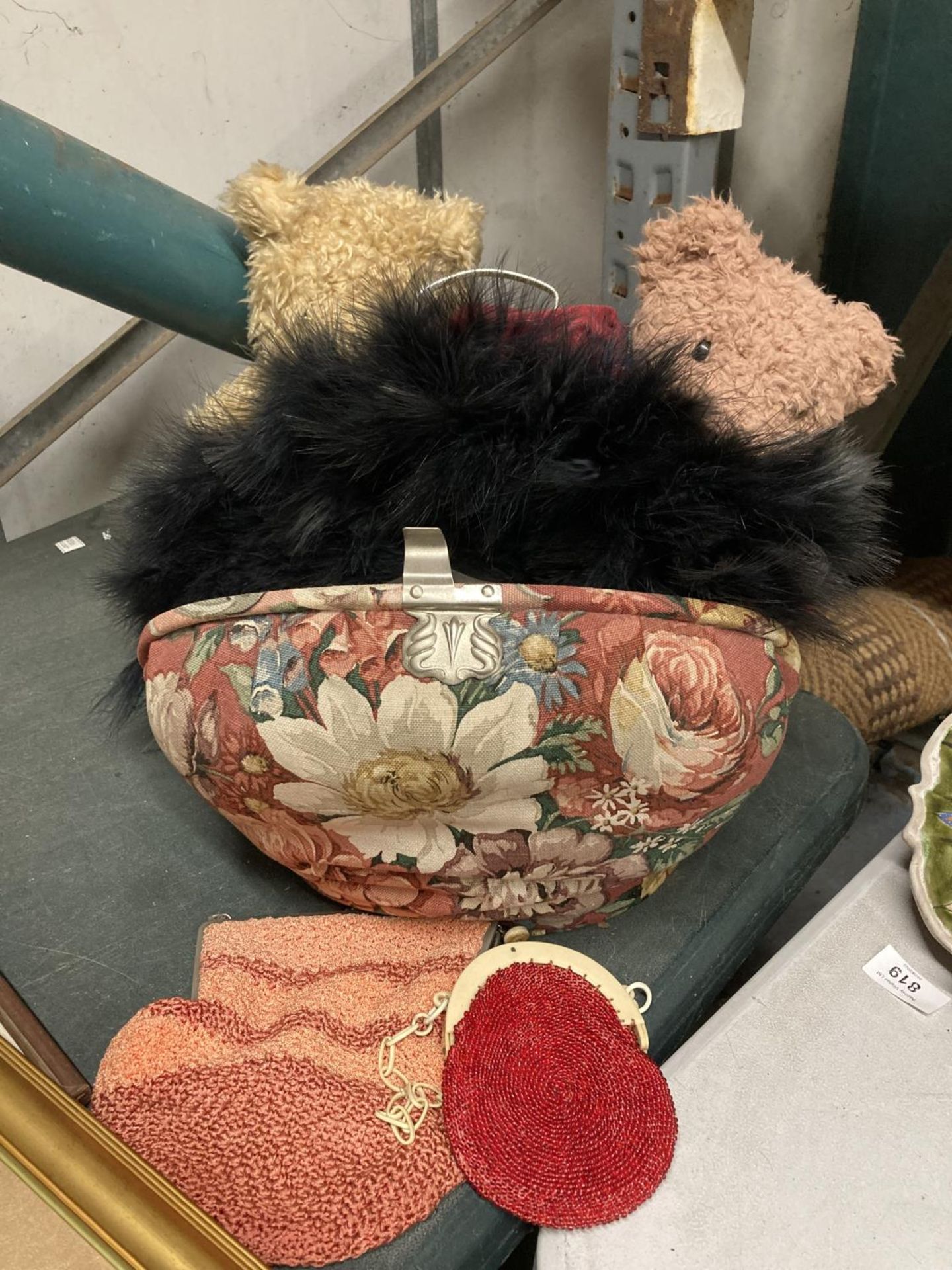 A VINTAGE BAG WITH HEAVILY PADDED INTERIOR, TEDDIES, FEATHER FAN AND VINTAGE BEADED BAGS