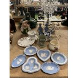 A QUANTITY OF WEDGWOOD JASPERWARE TO INCLUDE PIN TRAYS, PLUS A ROYAL ALBERT 'BRIGADOON' PLATE AND