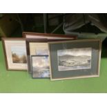 A WATERCOLOUR ON CARD OF A LAKELAND SCENE SIGNED E. Z. W. PRIOR PLUS FOUR FRAMED PRINTS OF COUNTRY