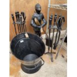 AN ASSORTMENT OF FIRESIDE ITEMS TO INCLUDE A KNIGHT, TWO COMPANION SETS AND A COAL BUCKET ETC
