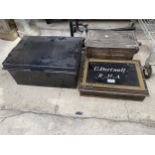 A VINTAGE WOODEN BOX AND TWO VINTAGE METAL DEED TINS