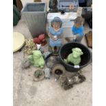AN ASSORTMENT OF RECONSTITUTED STONE GARDEN FIGURES TO INCLUDE A GOLFER, BEARS AND FROGS ETC