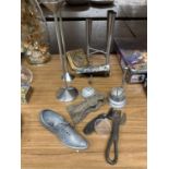 A MODERN BRUSHED STEEL THREE BRANCHED CANDLESTICK, VINTAGE LOCK, PEWTER SHOE, LARGE PAPER CLIP,