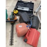 AN ASSORTMENT OF TOOLS TO INCLUDE A LASER LEVEL(INCOMPLETE) AN ELECTRIC HEDGE TRIMMER AND FUEL