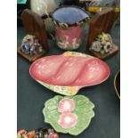 A PAIR OF MAHOGANY BOOKENDS WITH FLORAL DISPLAY, ROSE BOUQUET PLATES AND A PINK FLORAL RABBIT JUG