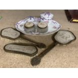 FIVE DRESSING TABLE PIECES WITH PETIT POINT EMBROIDERY TO THE BACK TO INCLUDE TWO BRUSHES, A
