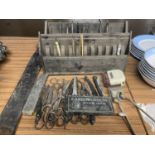A COLLECTION OF VINTAGE BARBERS SHOPS TOOLS TO INCLUDE CUT THROAT RAZORS, SCISSORS, CLIPPERS,