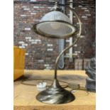 A HEAVY VINTAGE STYLE LAMP WITH A SWAN NECK STAND AND A FLUTED GLASS SHADE HEIGHT 42CM