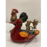 A POOLE POTTERY DUCK IN RED AND ORANGE, HORNSEA POTTERY VASE WITH LAMB AND A RESIN COCKEREL