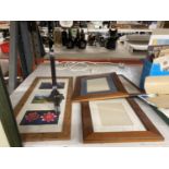 THREE WOODEN PICTURE FRAMES 2 AT 27CM X 32CM AND ONE 56CM X 26CM PLUS A PHOTO FRAME AND A PLATE