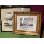 A FRAMED JAPENESE SILK AND A FRAMED PRINT OF A WATERCOLOUR OF A WINTER SCENE 'WINTER MORNING' BY