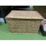 A LARGE WICKER BASKET CONTAINING ELECTRIC SHAVERS HEIGHT 40CM, WIDTH 62CM, DEPTH 40CM