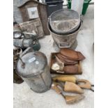 A GALVANISED BUCKET, MOP BUCKET AND POULTRY FEEDER TO ALSO INCLUDE SHOE STRETCHERS ETC