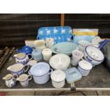 A LARGE ASSORTMENT OF RETRO KITCHEN ITEMS TO INCLUDE TRAYS, JUGS AND TEA CADDIES ETC