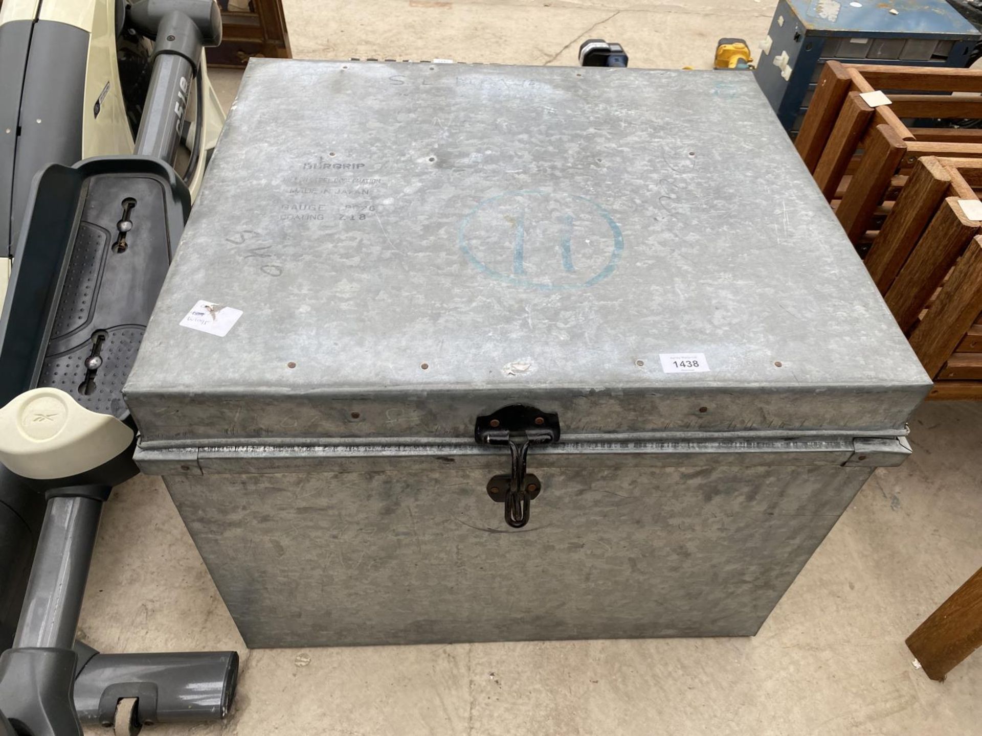 A SQUARE STEEL LIDDED STORAGE CHEST