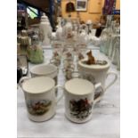 A COLLECTION OF HUNTING SCENE GLASSES, A PITCHER AND HUNTING SCENE CUPS