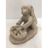 A STONEWARE MODEL OF A GIRL WITH A BASKET OF KITTENS