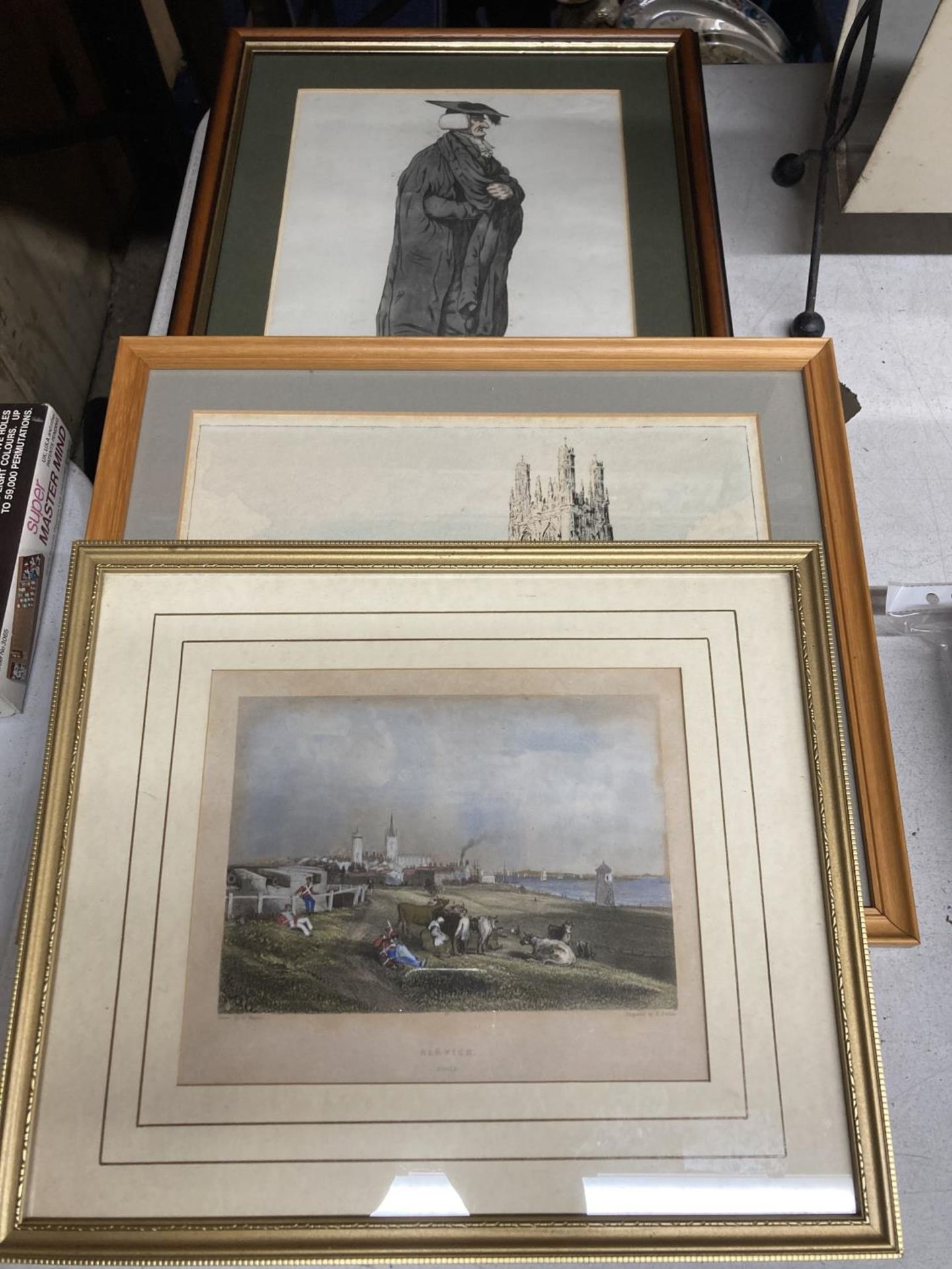 THREE FRAMED PRINTS TO INCLUDE 'A VIEW FROM PETER HOUSE, CAMBRIDGE, A CATHEDRAL AND HARWICH