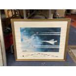 A FRAMED PRINT OF CONCORDE FLYING WITH THE RED ARROWS WITH SIGNATURES TO THE BOTTOM 54CM X 43.5CM