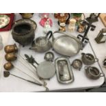 A QUANTITY OF PEWTER ITEMS TO INCLUDE TRAYS, TEAPOT, BOWLS, PLUS A COPPER SET OF SPIRIT MEASURES ,