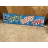 A 1970'S HANDPAINTED WOODEN 'PRIZE EVERYTIME' FAIRGROUND SIGN