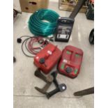 AN ASSORTMENT OF ITEMS TO INCLUDE TO VINTAGE COBBLERS LASTS, FUEL CANS AND JUMP LEADS ETC