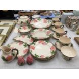 A QUANTITY OF JOHNSONS BROS DESERT ROSE CERAMIC DINNERWARE TO INCLUDE PLATES, CUPS, SAUCERS, TEAPOT,