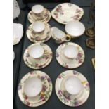 A QUANTITY OF VINTAGE AYNSLEY CHINA CUPS, SAUCERS, PLATES SUGAR BOWL AND CREAM JUG IN A HYDRANGA