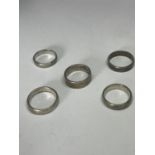 FIVE MARKED SILVER WEDDING BANDS