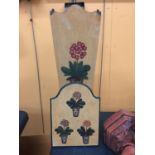 A LARGE WOODEN VASE/STICK STAND WITH CRACKLE EFFECT PAINT AND FLORAL PATTERN HEIGHT 60CM PLUS A