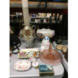 A QUANTITY OF ITEMS TO INCLUDE A LARGE POTTERY JUG, FLORAL FOOTED BOWL, CUT GLASS VASE, MIRROR,