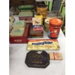 A QUANTITY OF VINTAGE TINS TO INCLUDE OXO CUBES, TEA TINS, QUALITY STREET, ETC