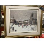 AN ARTHUR DELANEY LIMITED EDITION 733/850 PRINT OF A STREET SCENE WITH TRAMS 62CM X 53CM