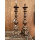 A PAIR OF HIGHLY DECORATIVE WOODEN CARVED TABLE LAMPS