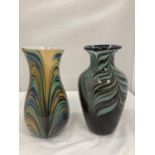 TWO STUDIO ART GLASS VASES, ONE WITH SWIRLS OF ORANGES, BLUES AND GREENS, HEIGHT 26CM, THE OTHER