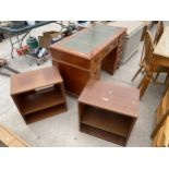 A YEW WOOD TWIN PEDESTAL DESK AND PAIR OF STORAGE UNITS