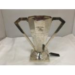 A SILVER ART DECO STYLE GREYHOUND RACING TROPHY ENGRAVED 10TH ANNIVERSARY DERBY MEETING WON BY
