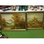 A PAIR OF SCENIC OIL 'S ON BOARD IN GOLD ORNATE FRAMES BOTH SIGNED - 103 X 76 CM TO INCLUDE FRAME