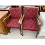 A PAIR OF EDWARDIAN BEECH OPEN ARMCHAIRS ON FRONT CABRIOLE LEGS