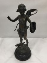 A FRENCH LATE 19TH CENTURY BRONZE FIGURE OF CUPID WITH BOW AND SHIELD ON A MARBLE BASE SIGNED