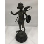 A FRENCH LATE 19TH CENTURY BRONZE FIGURE OF CUPID WITH BOW AND SHIELD ON A MARBLE BASE SIGNED