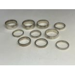 TEN WHITE METAL RINGS TESTED AS SILVER