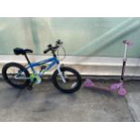 A CHILDS APOLLO OUTRAGE BIKE AND A SCOOTER