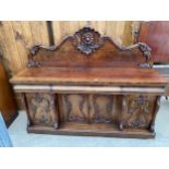 A VICTORIAN MAHOGANY BREAKFRONT SIDEBOARD, 78" WIDE, WITH RAISED BACK AND FOLIATE CARVING