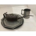 AN OIL CAN, PEWTER PLATES AND TANKARD