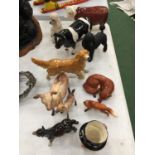 A QUANTITY OF CERAMIC ANIMALS INCLUDING BESWICK AND ROYAL DOULTON, COWS, DOGS, FOXES, ETC, ALL A/F