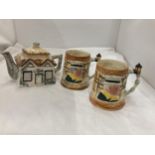 TWO LANCASTER SANDLAND HANDPAINTED CHARACTER MUGS, A KEELE ST. POTTERY 'COTTAGE' TEAPOT