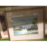TWO FRAMED PRINTS, A VILLAGE WEDDING AND A WATERCOLOUR STYLE OF A LAKE SCENE