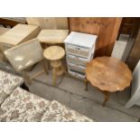 TWO FOLDING TABLES, ADJUSTABLE STOOL, BATHROOM CHEST AND WALNUT SEWING BOX/TABLE